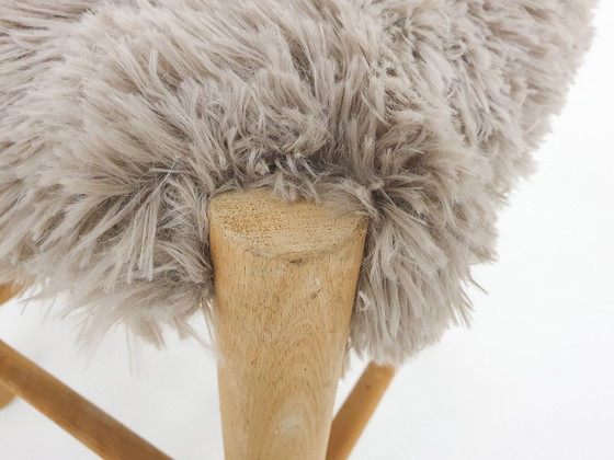 Image 1 of Mid-Century Wooden Stool With Fake-Fur Upholstery, Denmark 1960'S