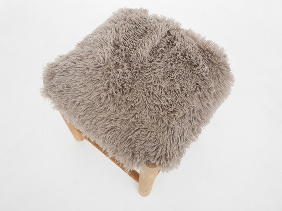 Image 1 of Mid-Century Wooden Stool With Fake-Fur Upholstery, Denmark 1960'S