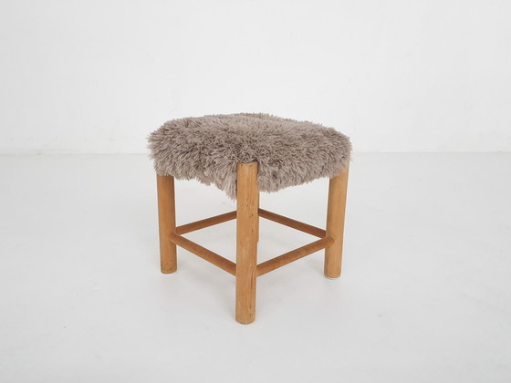 Image 1 of Mid-Century Wooden Stool With Fake-Fur Upholstery, Denmark 1960'S