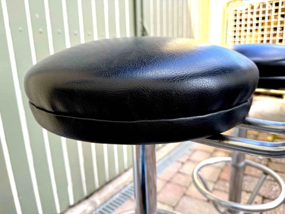 Image 1 of 2 Black Retro Bar Stools With Backrest, Original 60s With Reclining Swivel Seat / American Diner Style