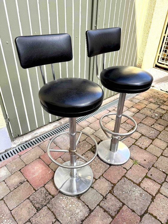 Image 1 of 2 Black Retro Bar Stools With Backrest, Original 60s With Reclining Swivel Seat / American Diner Style