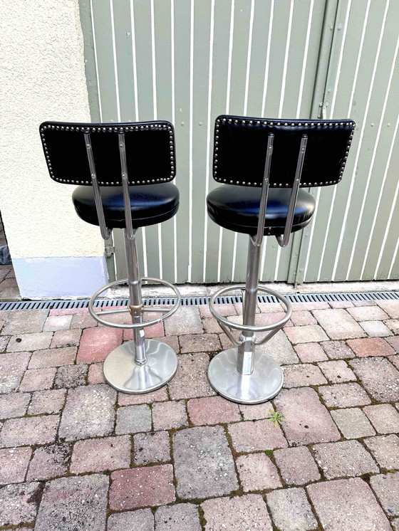 Image 1 of 2 Black Retro Bar Stools With Backrest, Original 60s With Reclining Swivel Seat / American Diner Style