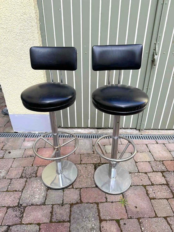 Image 1 of 2 Black Retro Bar Stools With Backrest, Original 60s With Reclining Swivel Seat / American Diner Style