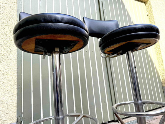 Image 1 of 2 Black Retro Bar Stools With Backrest, Original 60s With Reclining Swivel Seat / American Diner Style