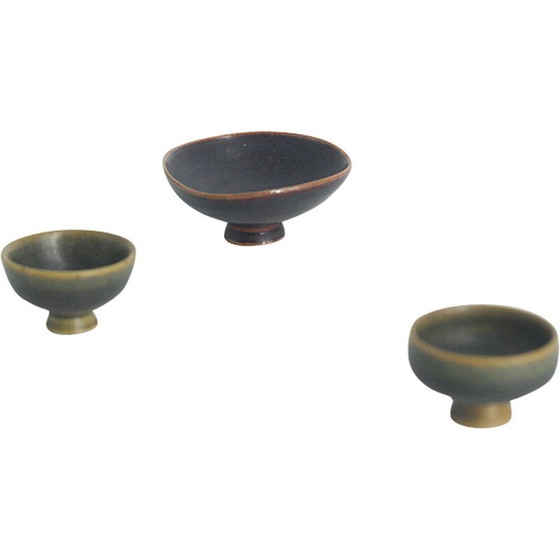 Image 1 of Set of 3 vintage collectible brown stoneware bowls by John Andersson for Höganäs Ceramics, Sweden 1950