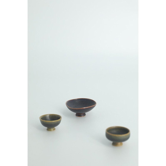 Image 1 of Set of 3 vintage collectible brown stoneware bowls by John Andersson for Höganäs Ceramics, Sweden 1950