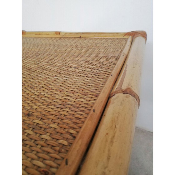 Image 1 of Tavolo da portata vintage con ruote e due ripiani in rattan e bambù, Italia anni '70