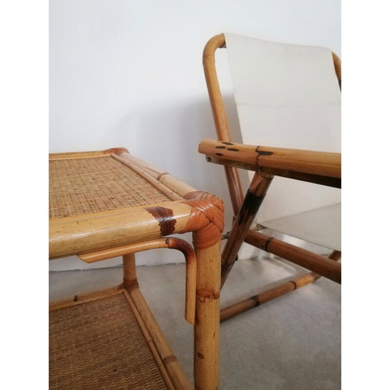 Image 1 of Tavolo da portata vintage con ruote e due ripiani in rattan e bambù, Italia anni '70