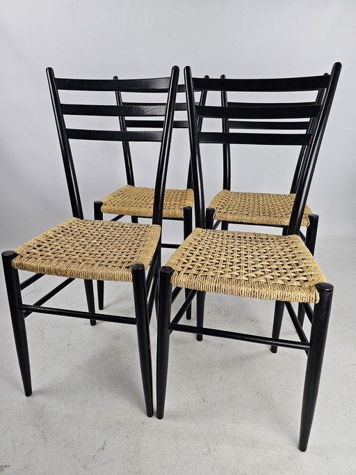 Italian wooden chairs with rope seat style Gio Ponti