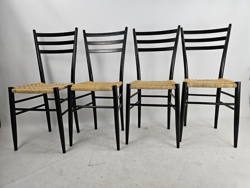 Italian wooden chairs with rope seat style Gio Ponti