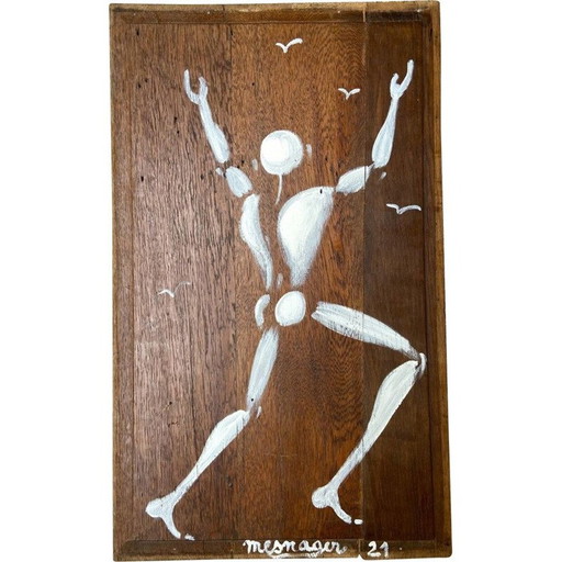 Gouache vintage "Hombre de blanco" sobre tabla de madera de Mesnager, 2021