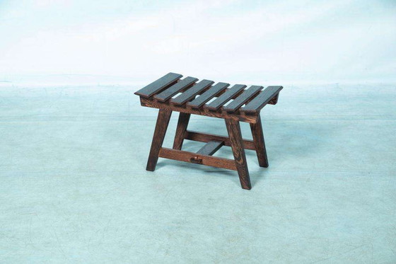 Image 1 of Bohemian wenge slatted bench, Japandi stool 1970s