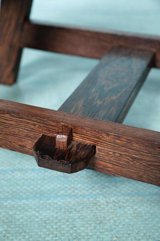 Image 1 of Bohemian wenge slatted bench, Japandi stool 1970s