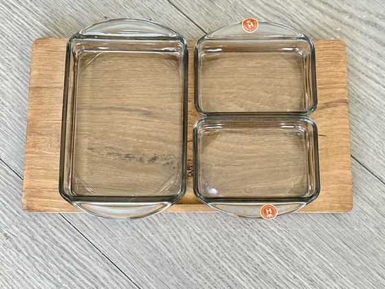 Image 1 of Teak Danish serving set tray snack trays glass