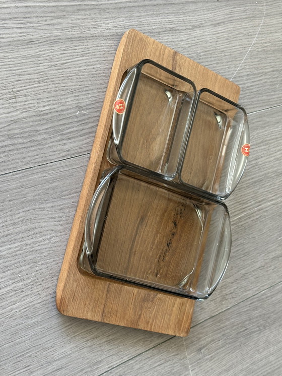 Image 1 of Teak Danish serving set tray snack trays glass