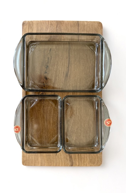 Teak Danish serving set tray snack trays glass