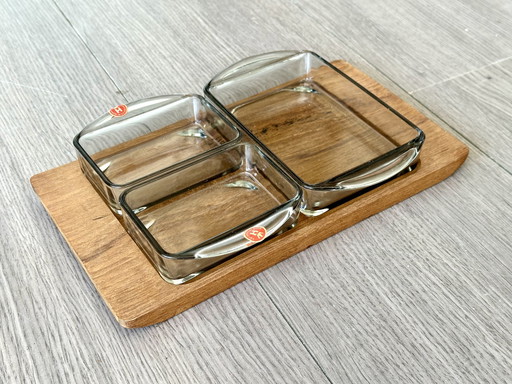 Teak Danish serving set tray snack trays glass