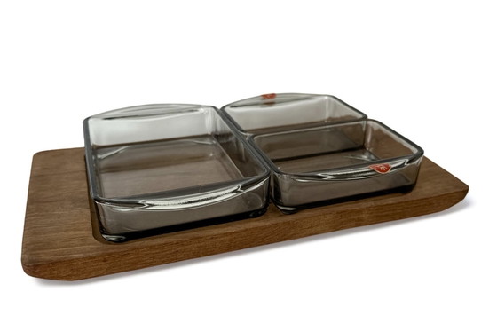 Image 1 of Teak Danish serving set tray snack trays glass