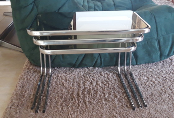 Image 1 of Milo Baughman Style Chrome And Smoked Glass Nesting Tables, 1970