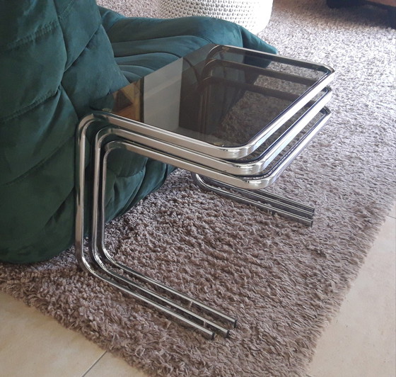 Image 1 of Milo Baughman Style Chrome And Smoked Glass Nesting Tables, 1970