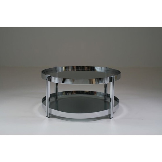 Image 1 of Round vintage coffee table in chromed metal and smoked glass tops, France 1970