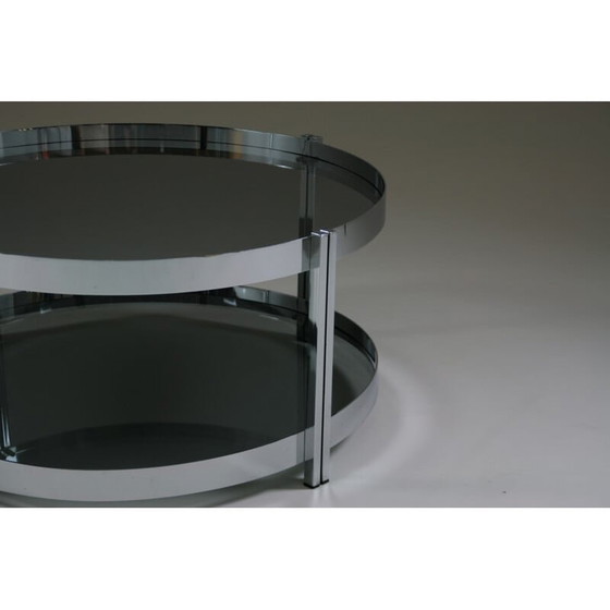 Image 1 of Round vintage coffee table in chromed metal and smoked glass tops, France 1970