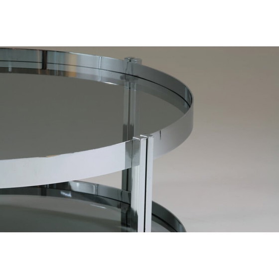 Image 1 of Round vintage coffee table in chromed metal and smoked glass tops, France 1970