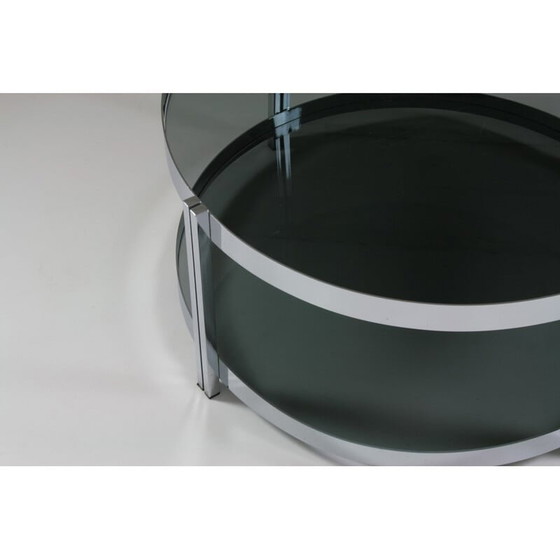 Image 1 of Round vintage coffee table in chromed metal and smoked glass tops, France 1970