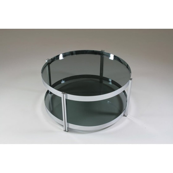 Image 1 of Round vintage coffee table in chromed metal and smoked glass tops, France 1970