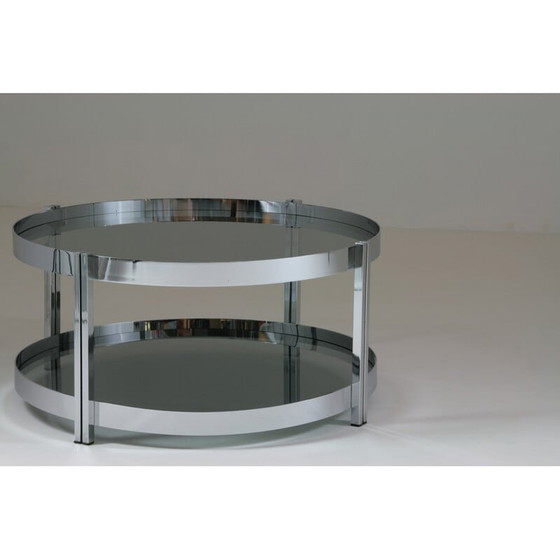 Image 1 of Round vintage coffee table in chromed metal and smoked glass tops, France 1970