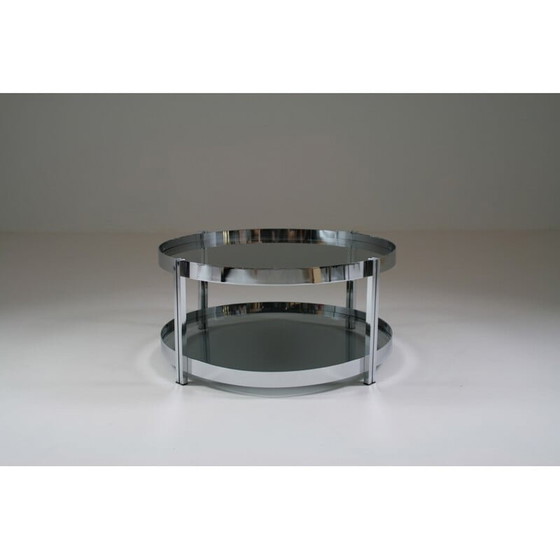 Image 1 of Round vintage coffee table in chromed metal and smoked glass tops, France 1970