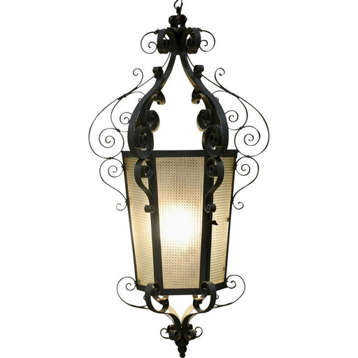 Vintage lantern in wrought iron and granite glass, France 1940