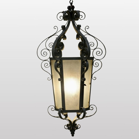 Image 1 of Lanterna d'epoca in ferro battuto e vetro di granito, Francia 1940