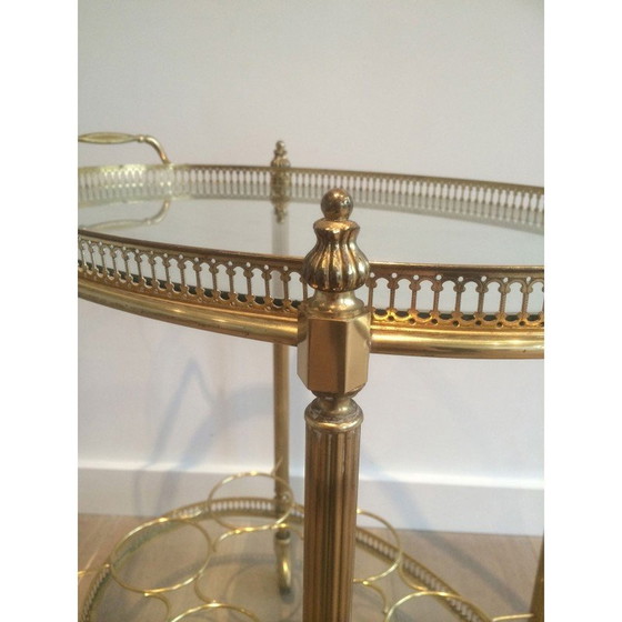 Image 1 of Vintage oval brass drinks trolley with bottle holders, France 1940