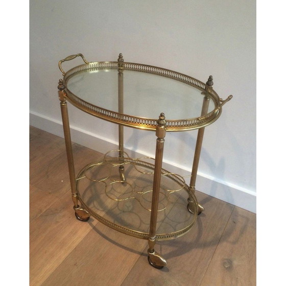 Image 1 of Vintage oval brass drinks trolley with bottle holders, France 1940