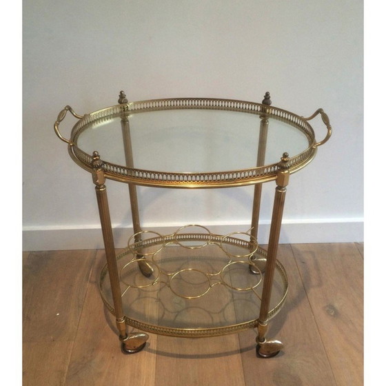 Image 1 of Vintage oval brass drinks trolley with bottle holders, France 1940
