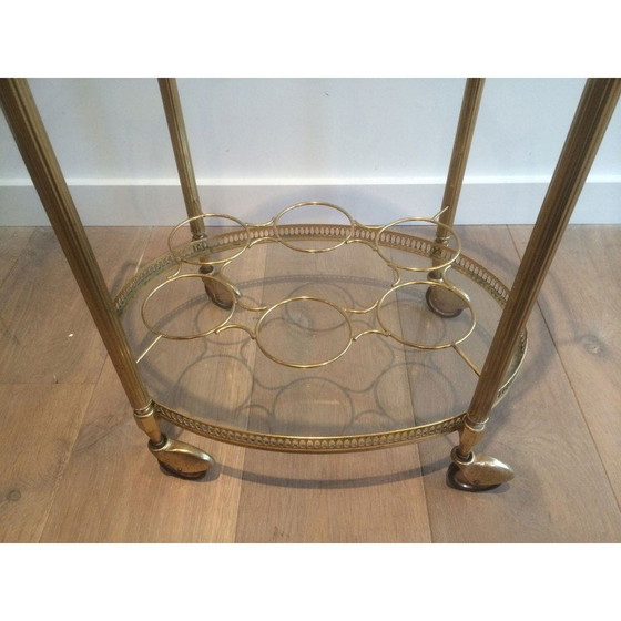 Image 1 of Vintage oval brass drinks trolley with bottle holders, France 1940