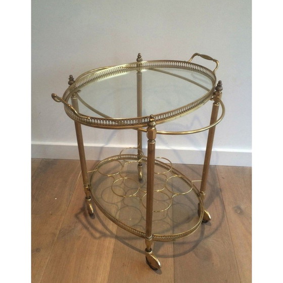 Image 1 of Vintage oval brass drinks trolley with bottle holders, France 1940