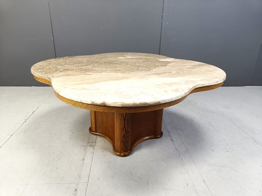 Mid Century Travertine And Wooden Coffee Table, 1960S