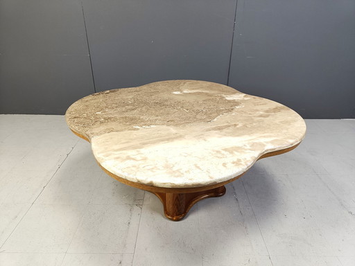 Mid Century Travertine And Wooden Coffee Table, 1960S