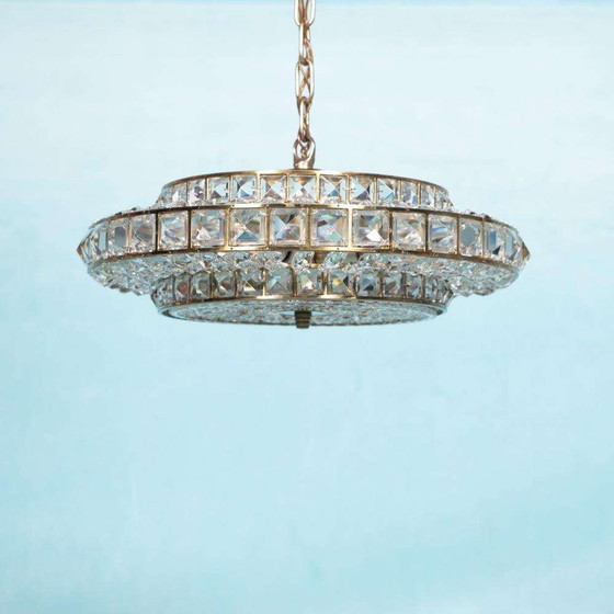 Image 1 of Lampada a sospensione in cristallo dal design vintage, lampada a sospensione svedese in ottone