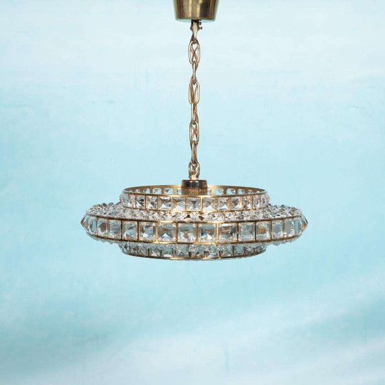 Image 1 of Lampada a sospensione in cristallo dal design vintage, lampada a sospensione svedese in ottone