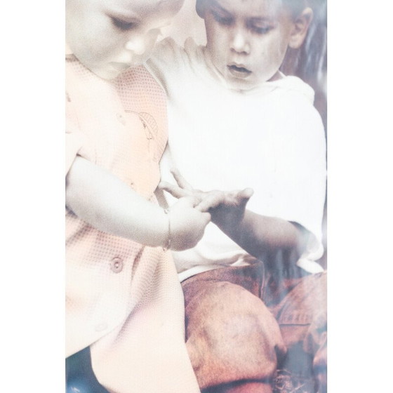 Image 1 of Vintage print with a little boy and a little girl with scarves holding hands, Italy 2000