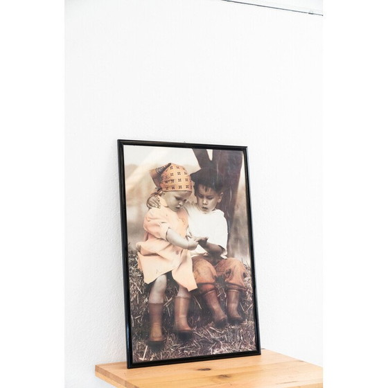Image 1 of Vintage print with a little boy and a little girl with scarves holding hands, Italy 2000