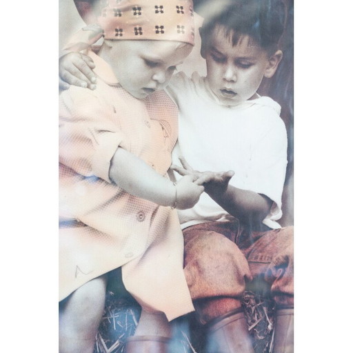 Vintage print with a little boy and a little girl with scarves holding hands, Italy 2000