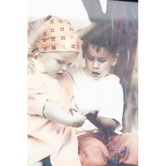 Image 1 of Vintage print with a little boy and a little girl with scarves holding hands, Italy 2000