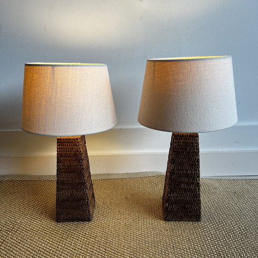 Set Of 2 Rattan Wicker Table Lamps Burma Vintage