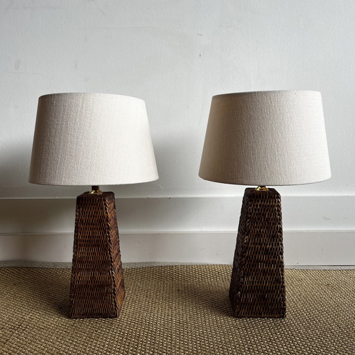 Set Of 2 Rattan Wicker Table Lamps Burma Vintage