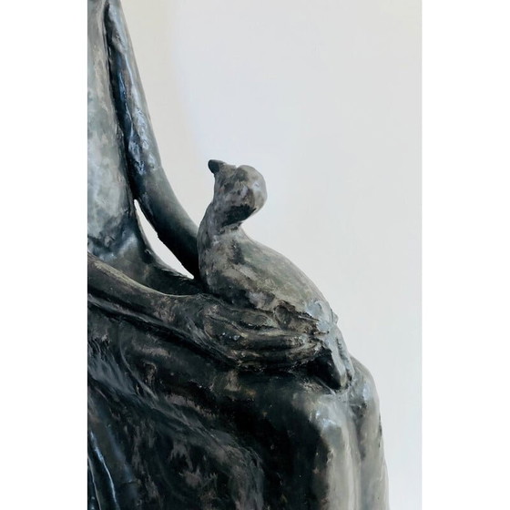 Image 1 of Scultura vintage "Donna con uccello" in ceramica smaltata nera di Paulette Toma, Francia 1960