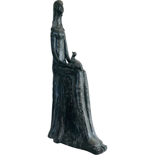 Vintage sculpture "Femme à l'oiseau" in black glazed ceramic by Paulette Toma, France 1960